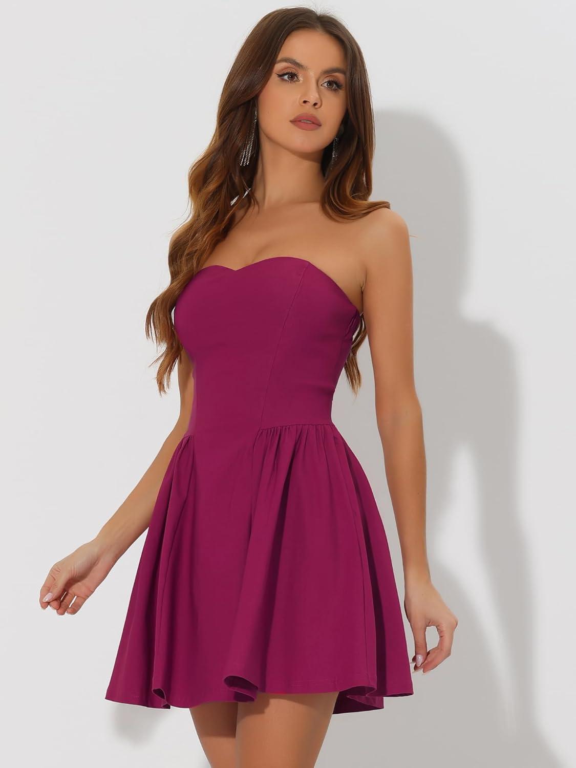 imageAllegra K Womens Sexy Strapless Party Dress Sweetheart Neck Off Shoulder Sleeveless Halloween Mini DressPurple Red