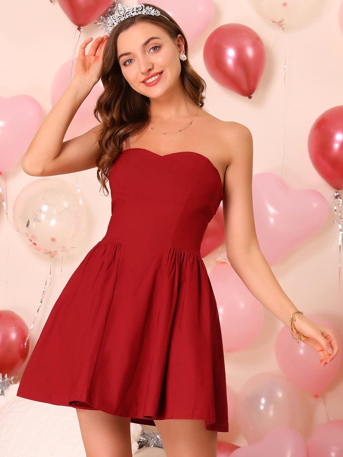 imageAllegra K Womens Sexy Strapless Party Dress Sweetheart Neck Off Shoulder Sleeveless Halloween Mini DressRed