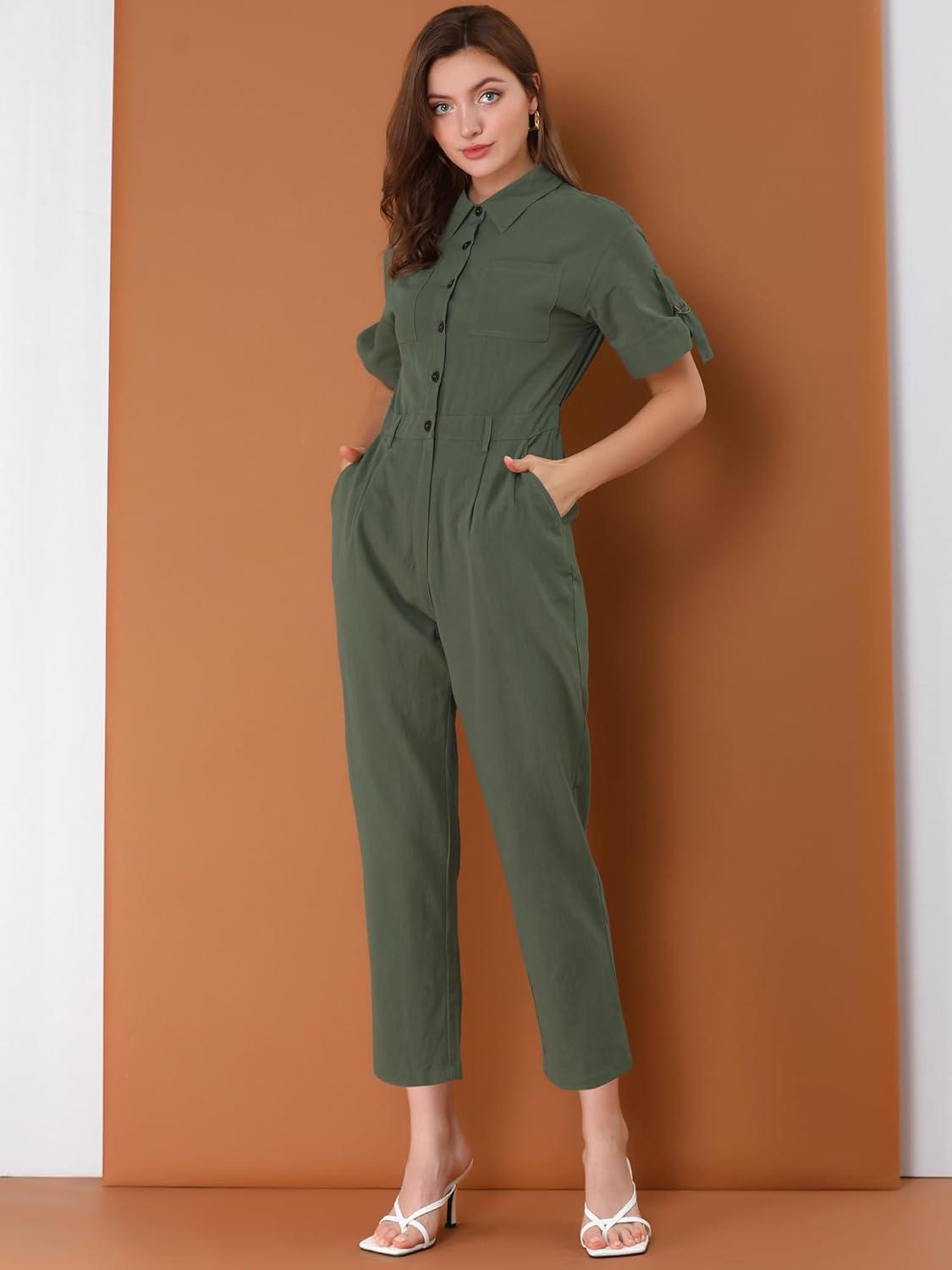 imageAllegra K Womens Short Sleeve Collared Cropped Coverall Button Down Tie Waist Cotton Cargo JumpsuitGreen