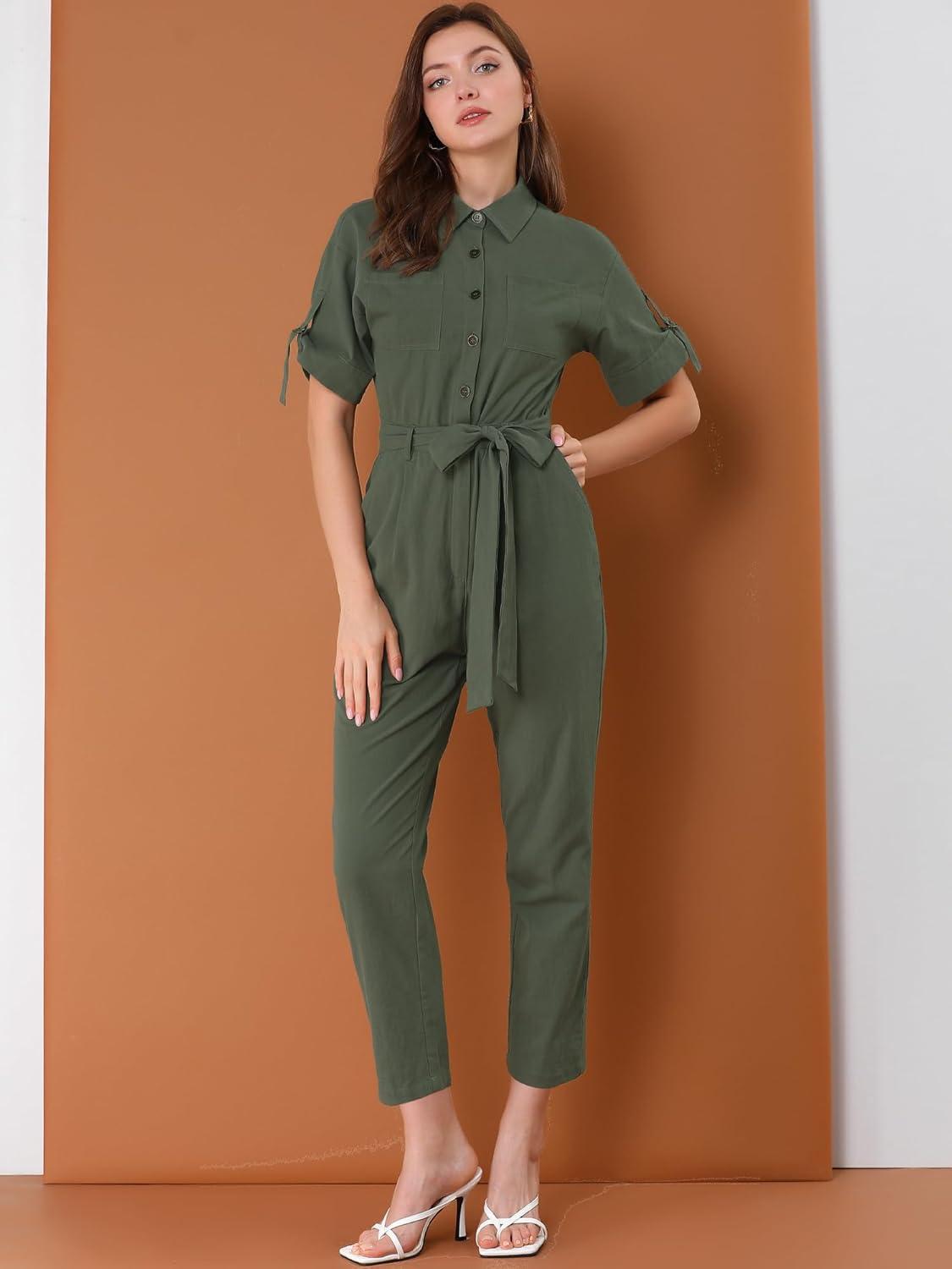 imageAllegra K Womens Short Sleeve Collared Cropped Coverall Button Down Tie Waist Cotton Cargo JumpsuitGreen