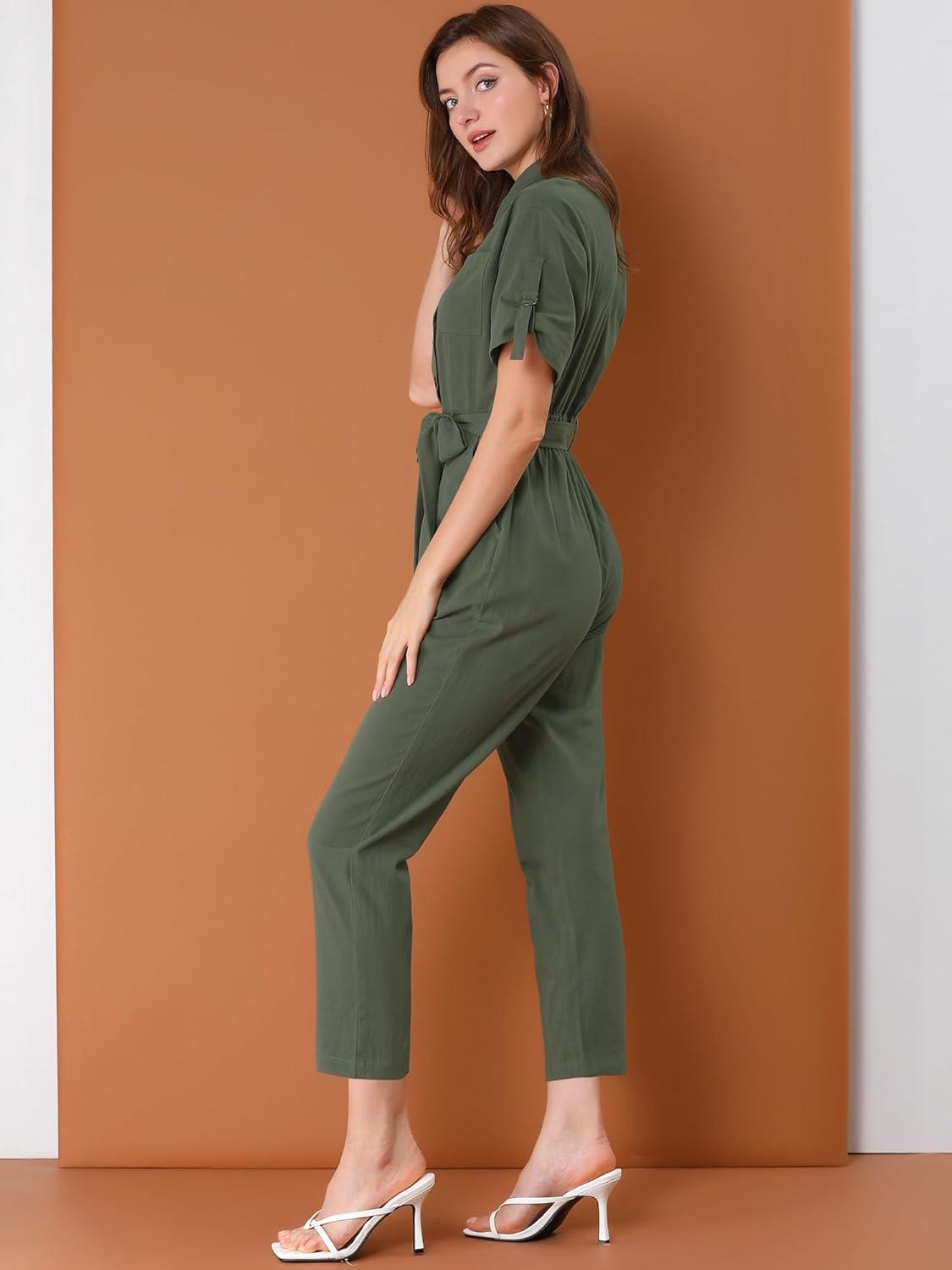 imageAllegra K Womens Short Sleeve Collared Cropped Coverall Button Down Tie Waist Cotton Cargo JumpsuitGreen