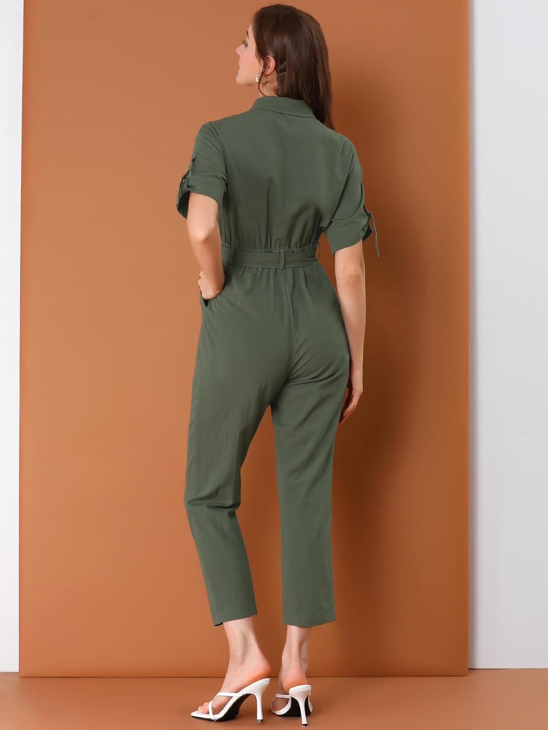 imageAllegra K Womens Short Sleeve Collared Cropped Coverall Button Down Tie Waist Cotton Cargo JumpsuitGreen
