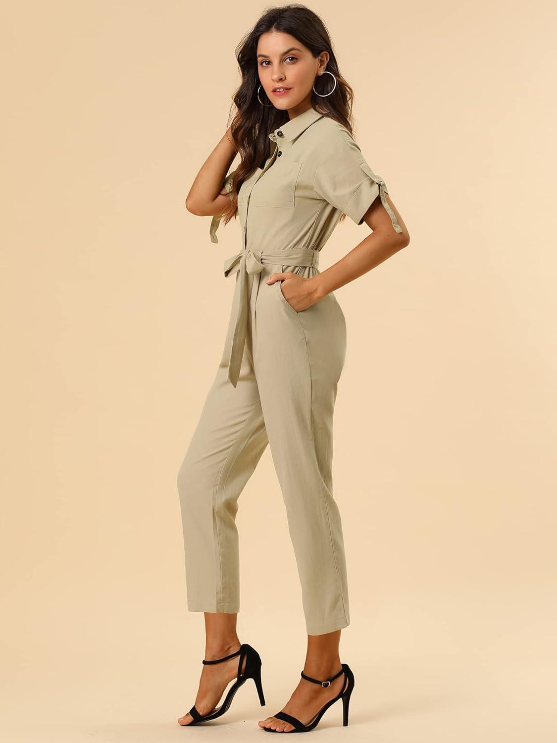 imageAllegra K Womens Short Sleeve Collared Cropped Coverall Button Down Tie Waist Cotton Cargo JumpsuitKhaki