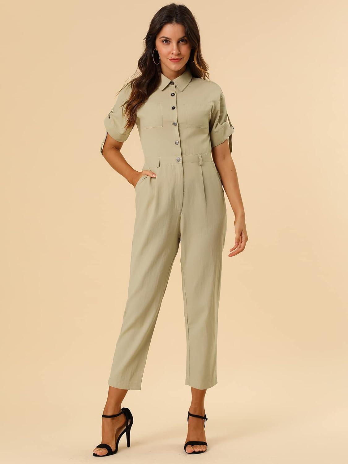 imageAllegra K Womens Short Sleeve Collared Cropped Coverall Button Down Tie Waist Cotton Cargo JumpsuitKhaki
