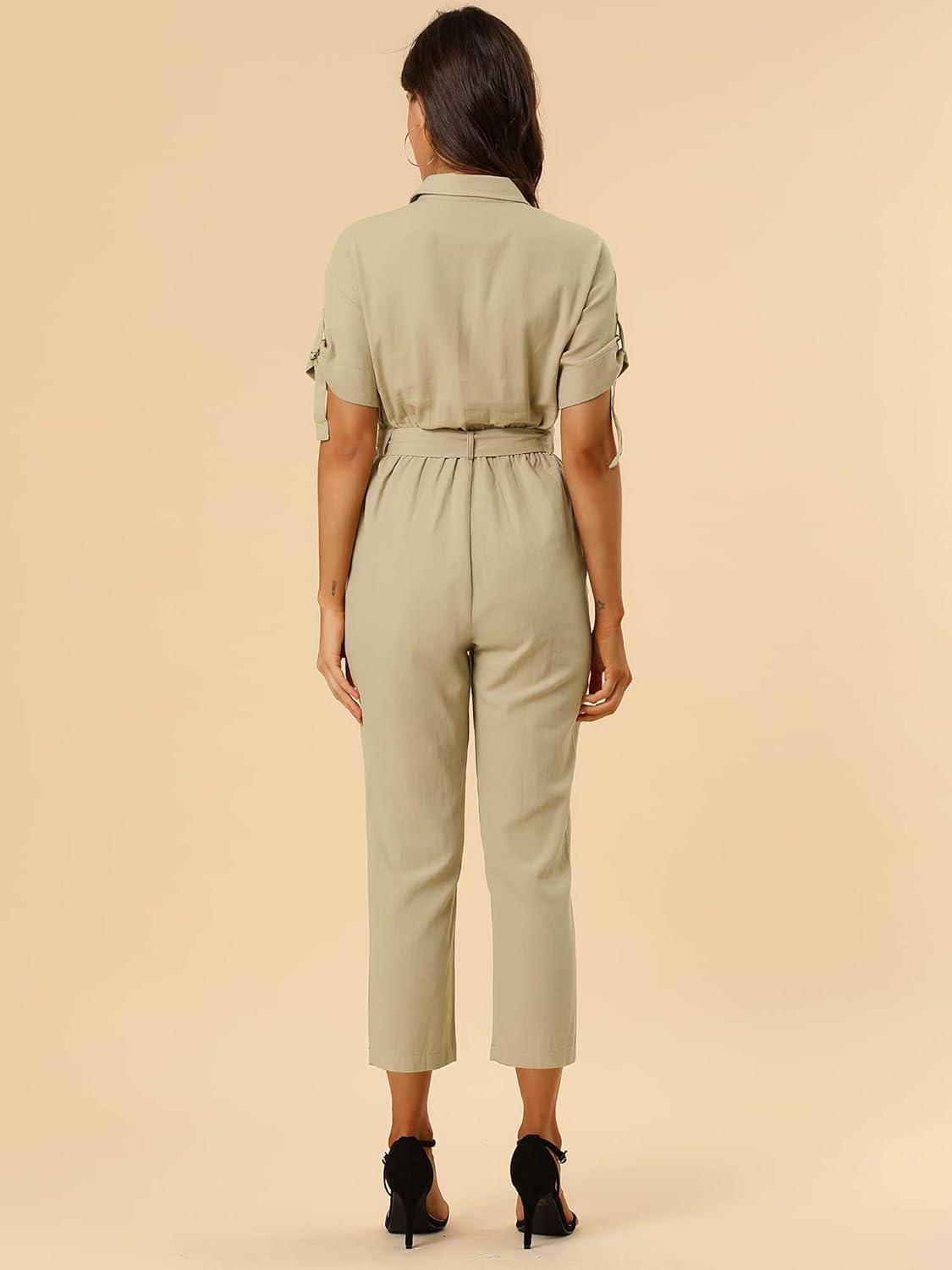 imageAllegra K Womens Short Sleeve Collared Cropped Coverall Button Down Tie Waist Cotton Cargo JumpsuitKhaki