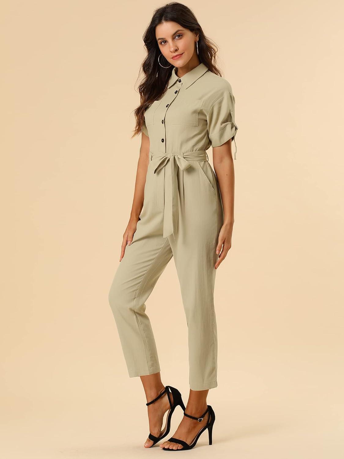 imageAllegra K Womens Short Sleeve Collared Cropped Coverall Button Down Tie Waist Cotton Cargo JumpsuitKhaki