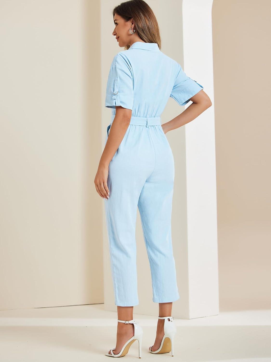 imageAllegra K Womens Short Sleeve Collared Cropped Coverall Button Down Tie Waist Cotton Cargo JumpsuitLight Blue