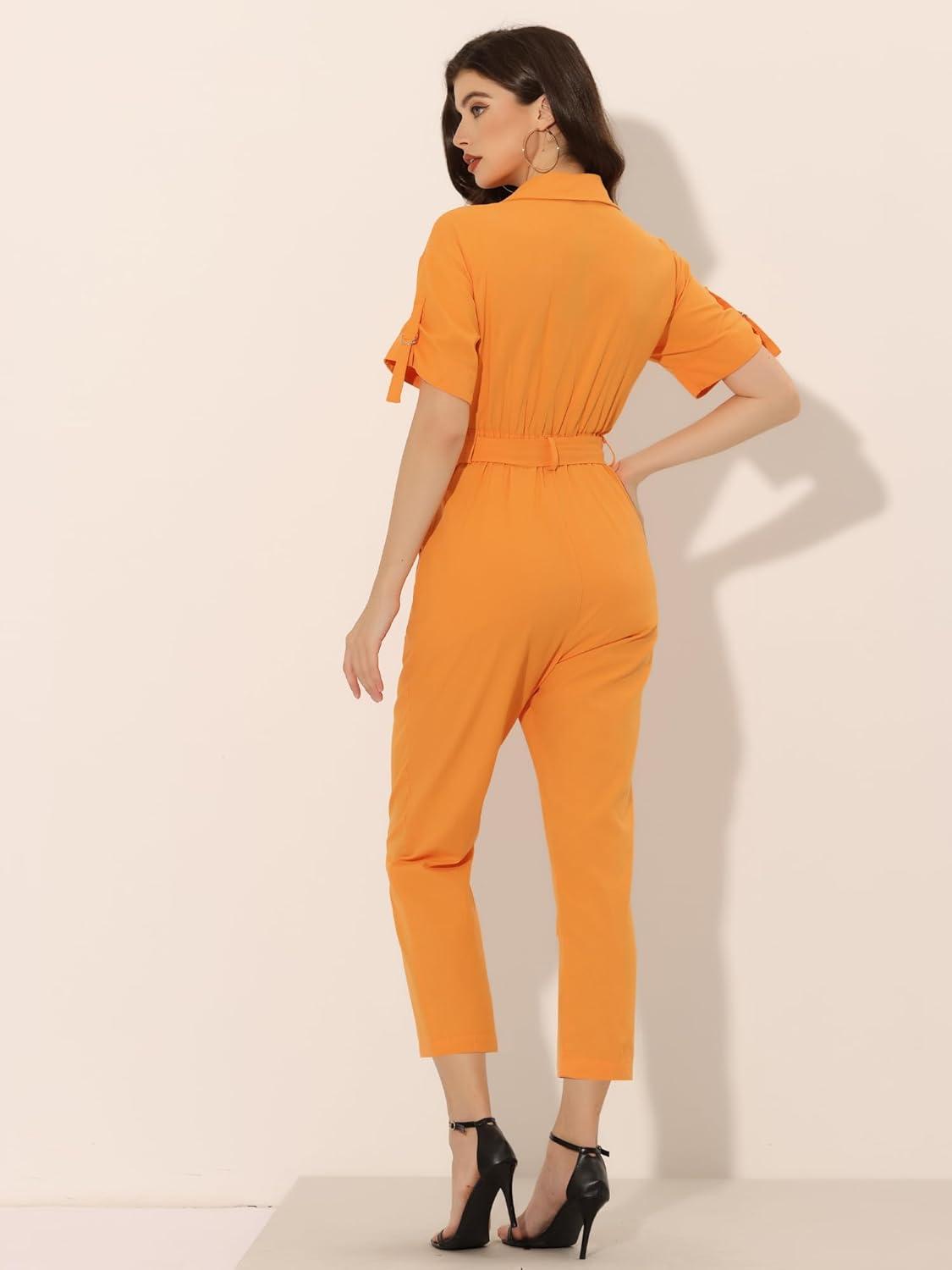 imageAllegra K Womens Short Sleeve Collared Cropped Coverall Button Down Tie Waist Cotton Cargo JumpsuitOrange