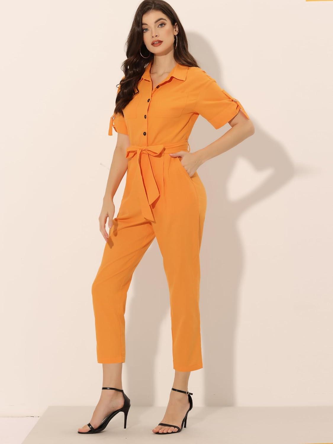 imageAllegra K Womens Short Sleeve Collared Cropped Coverall Button Down Tie Waist Cotton Cargo JumpsuitOrange
