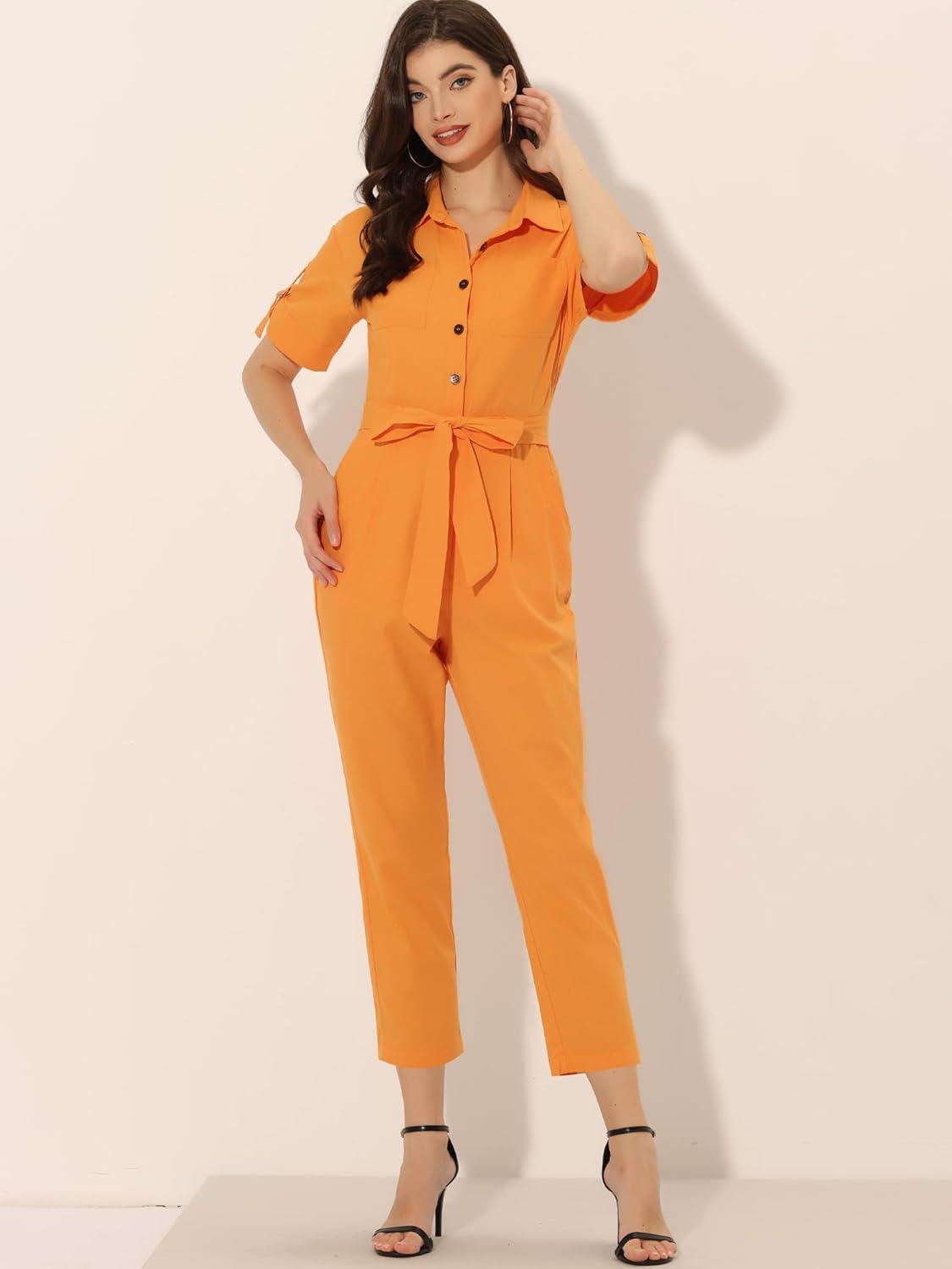 imageAllegra K Womens Short Sleeve Collared Cropped Coverall Button Down Tie Waist Cotton Cargo JumpsuitOrange