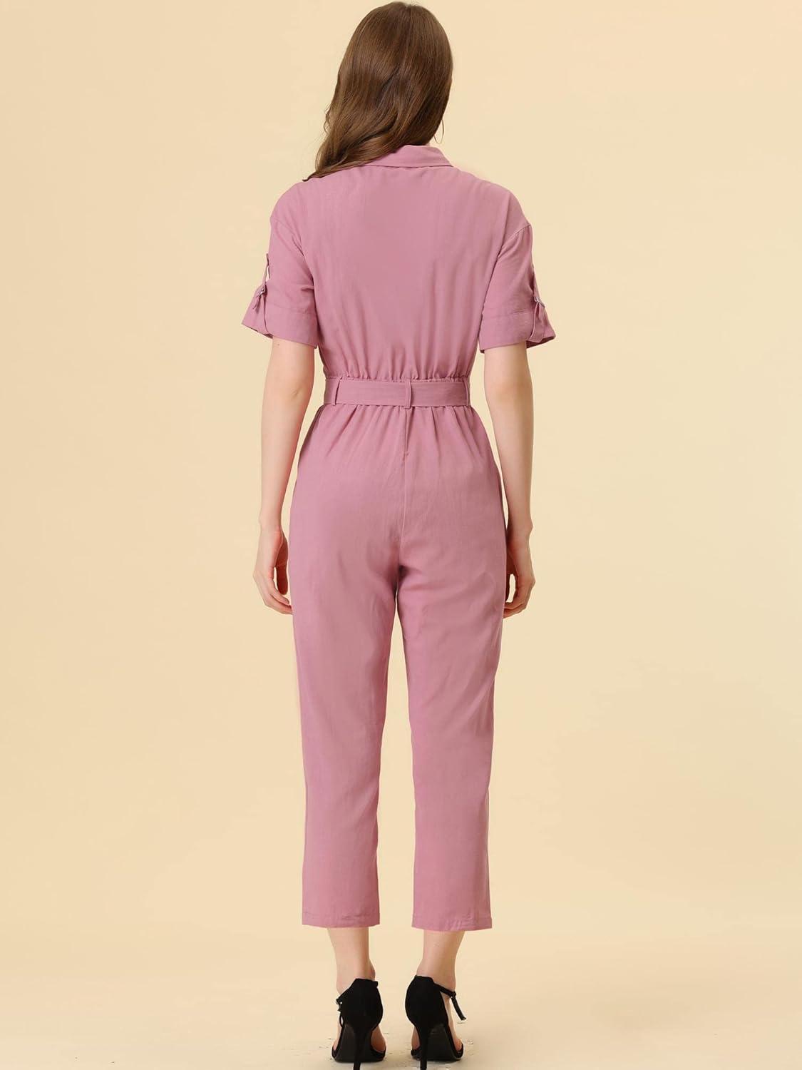 imageAllegra K Womens Short Sleeve Collared Cropped Coverall Button Down Tie Waist Cotton Cargo JumpsuitPink