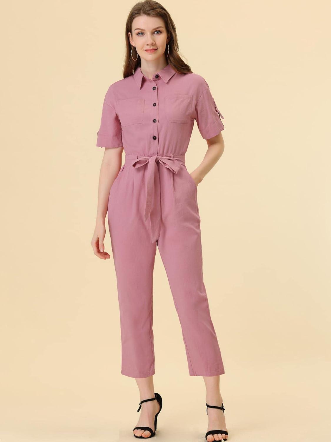 imageAllegra K Womens Short Sleeve Collared Cropped Coverall Button Down Tie Waist Cotton Cargo JumpsuitPink