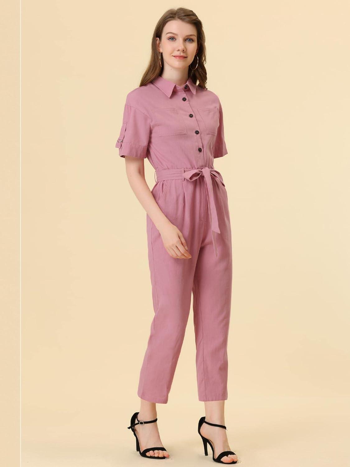 imageAllegra K Womens Short Sleeve Collared Cropped Coverall Button Down Tie Waist Cotton Cargo JumpsuitPink