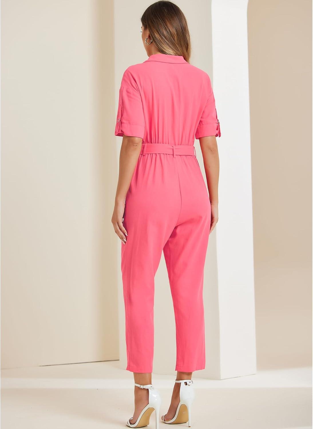 imageAllegra K Womens Short Sleeve Collared Cropped Coverall Button Down Tie Waist Cotton Cargo JumpsuitWatermelon Red