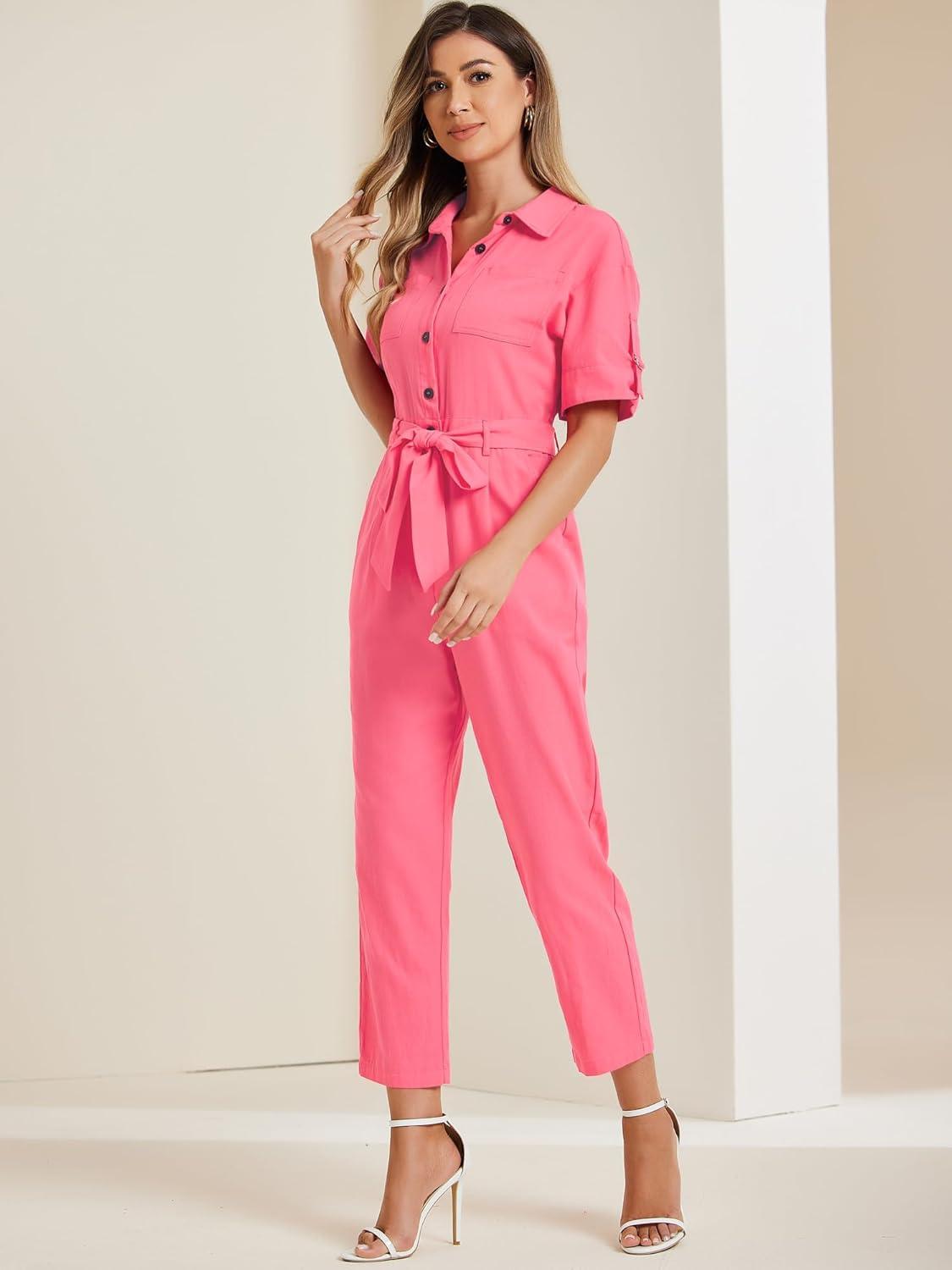imageAllegra K Womens Short Sleeve Collared Cropped Coverall Button Down Tie Waist Cotton Cargo JumpsuitWatermelon Red