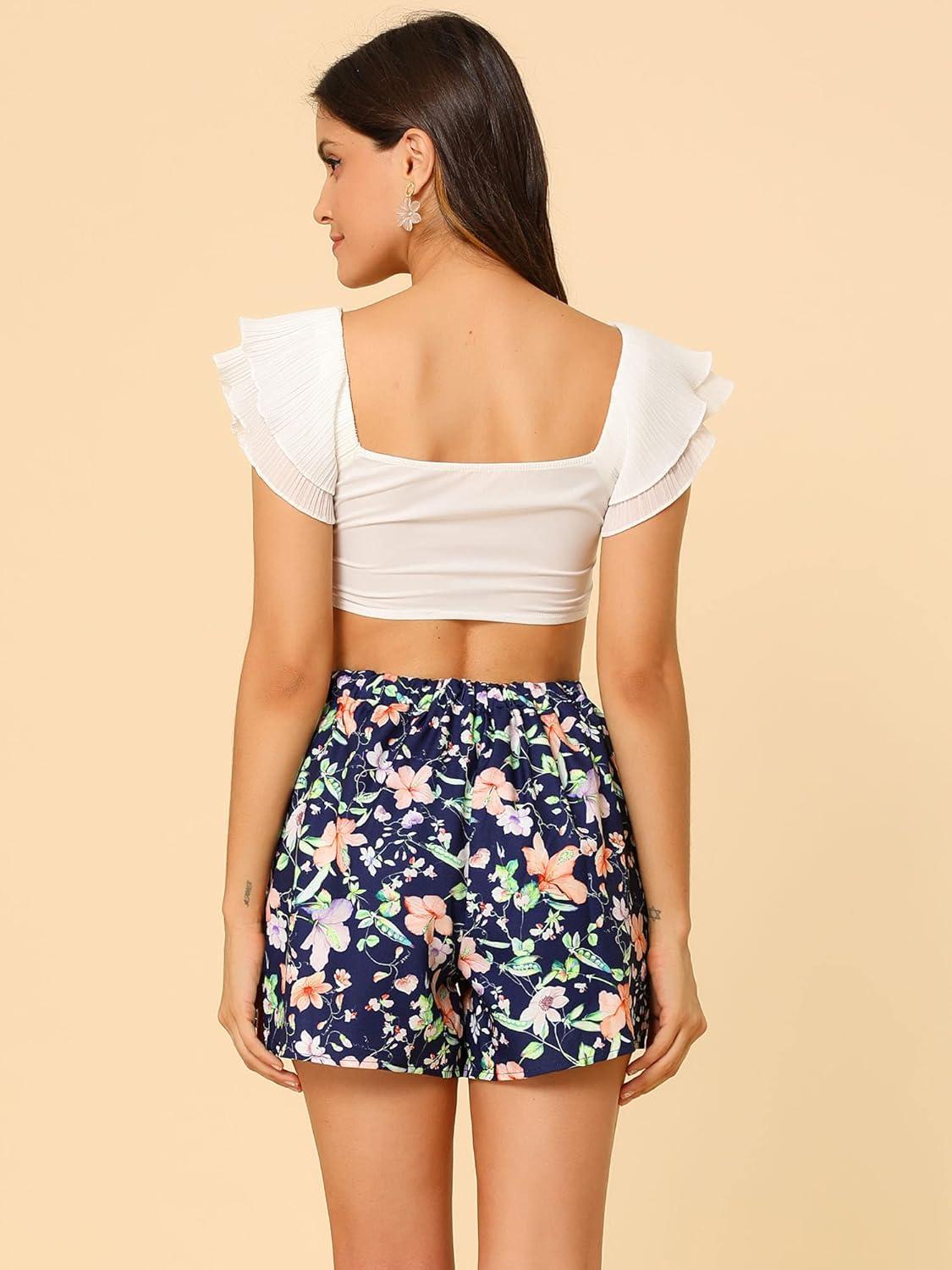 imageAllegra K Womens Summer Beach Shorts Casual Elastic Waist Floral ShortsDark Blue