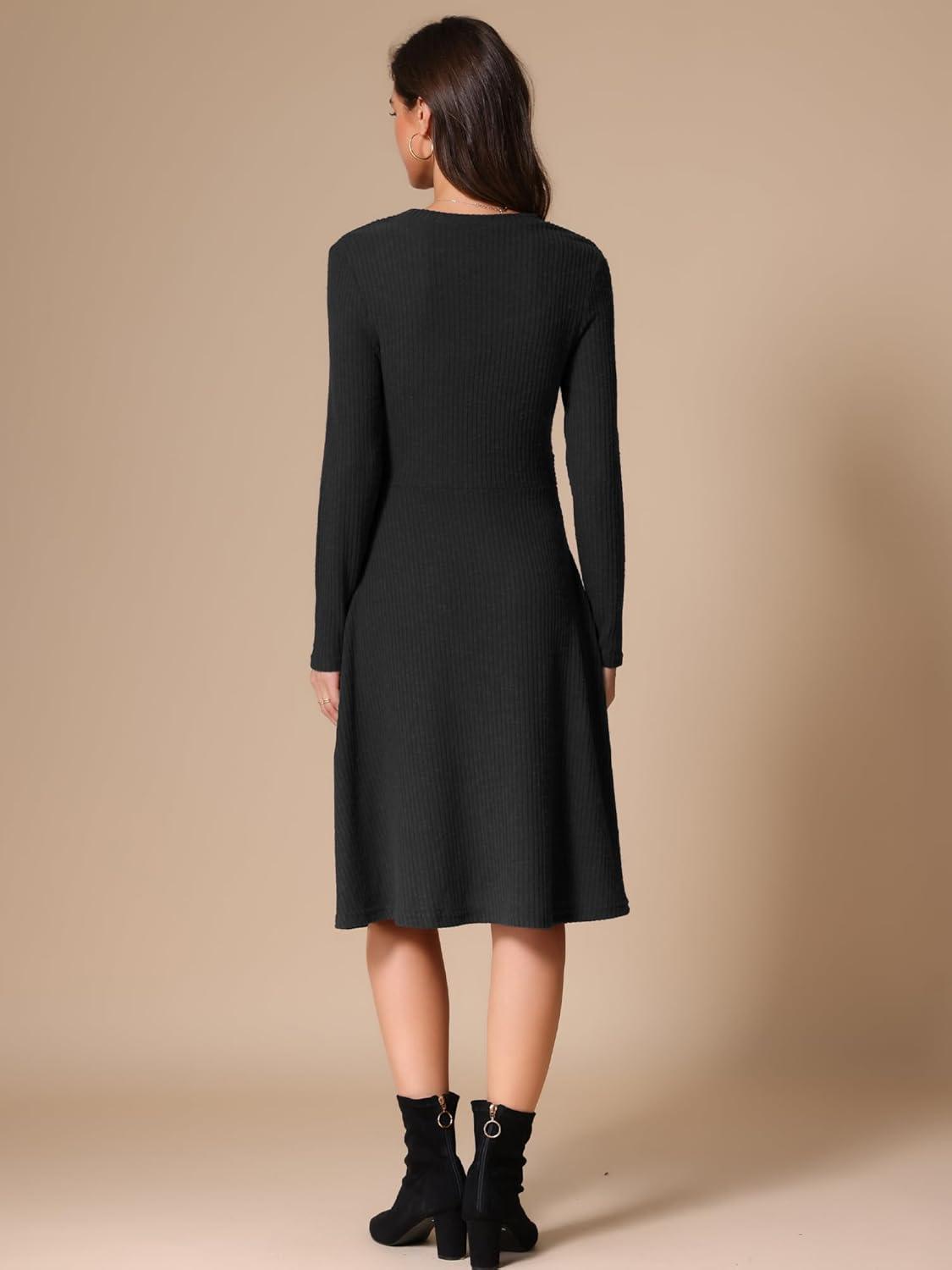 imageAllegra K Womens Sweater Dress Long Sleeve A Line Tie Waist Ribbed Knit DressesBlack