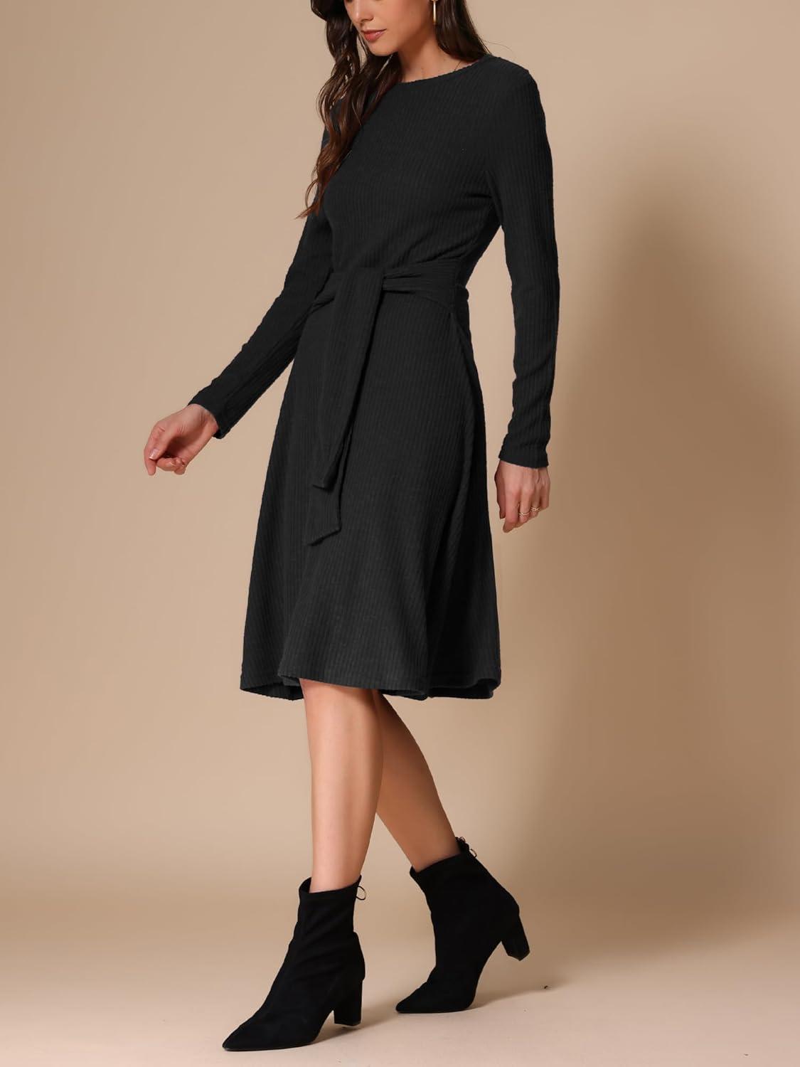 imageAllegra K Womens Sweater Dress Long Sleeve A Line Tie Waist Ribbed Knit DressesBlack