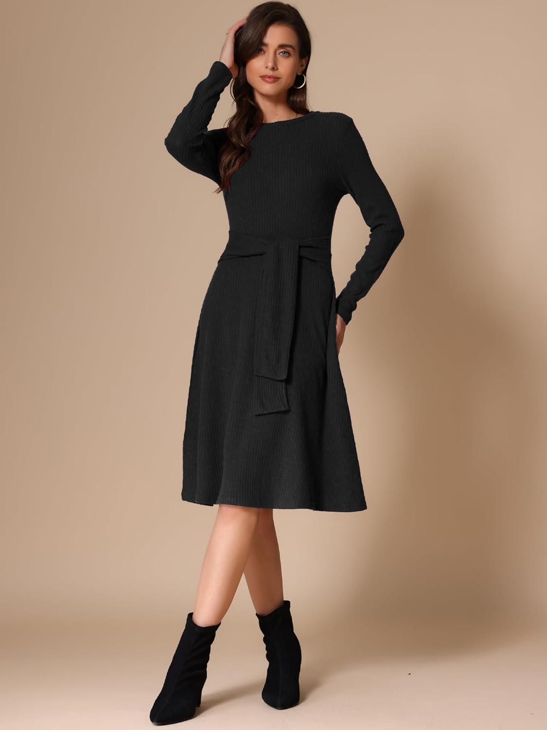 imageAllegra K Womens Sweater Dress Long Sleeve A Line Tie Waist Ribbed Knit DressesBlack