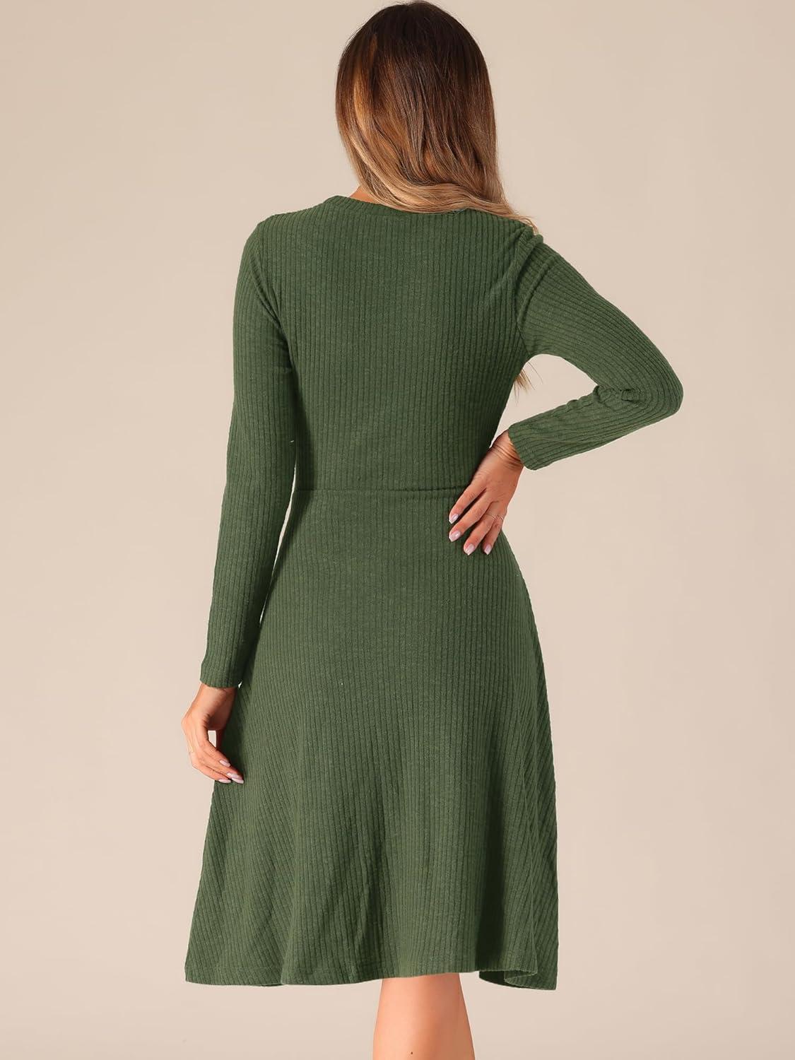imageAllegra K Womens Sweater Dress Long Sleeve A Line Tie Waist Ribbed Knit DressesDark Green
