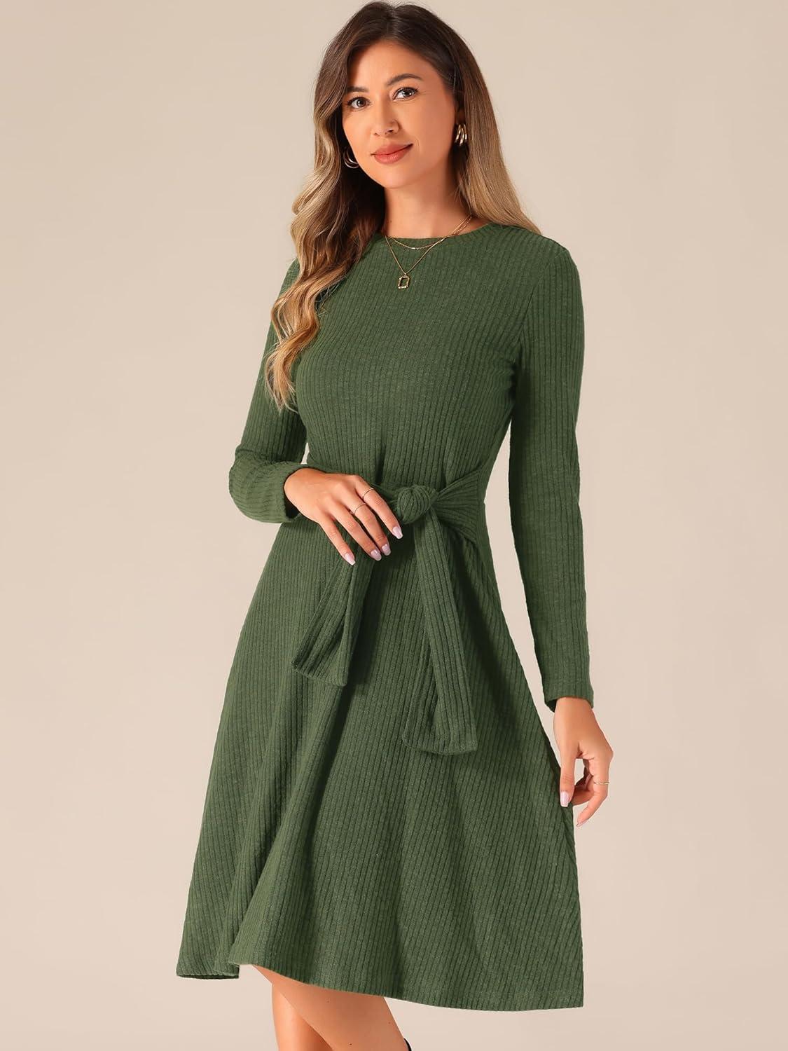 imageAllegra K Womens Sweater Dress Long Sleeve A Line Tie Waist Ribbed Knit DressesDark Green