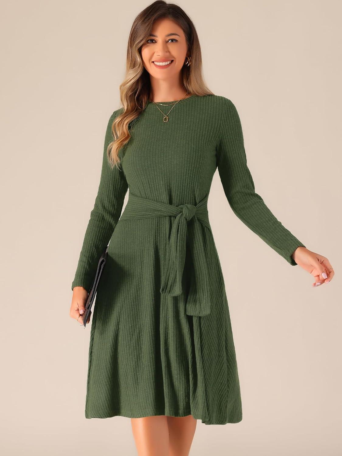 imageAllegra K Womens Sweater Dress Long Sleeve A Line Tie Waist Ribbed Knit DressesDark Green