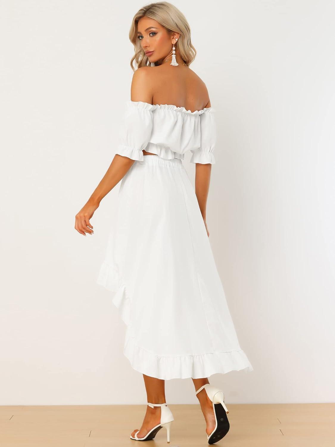 imageAllegra K Womens Two Piece Outfits Off Shoulder Crop Top and High Low Skirt SetWhite