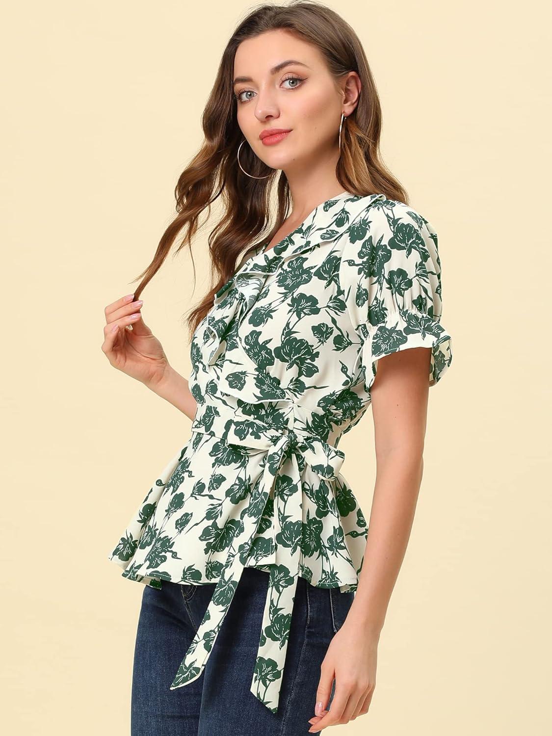 imageAllegra K Womens Wrap Peplum Top Blouse 2025 Summer Floral Short Sleeve Ruffle V Neck Belted ShirtsBeigegreen