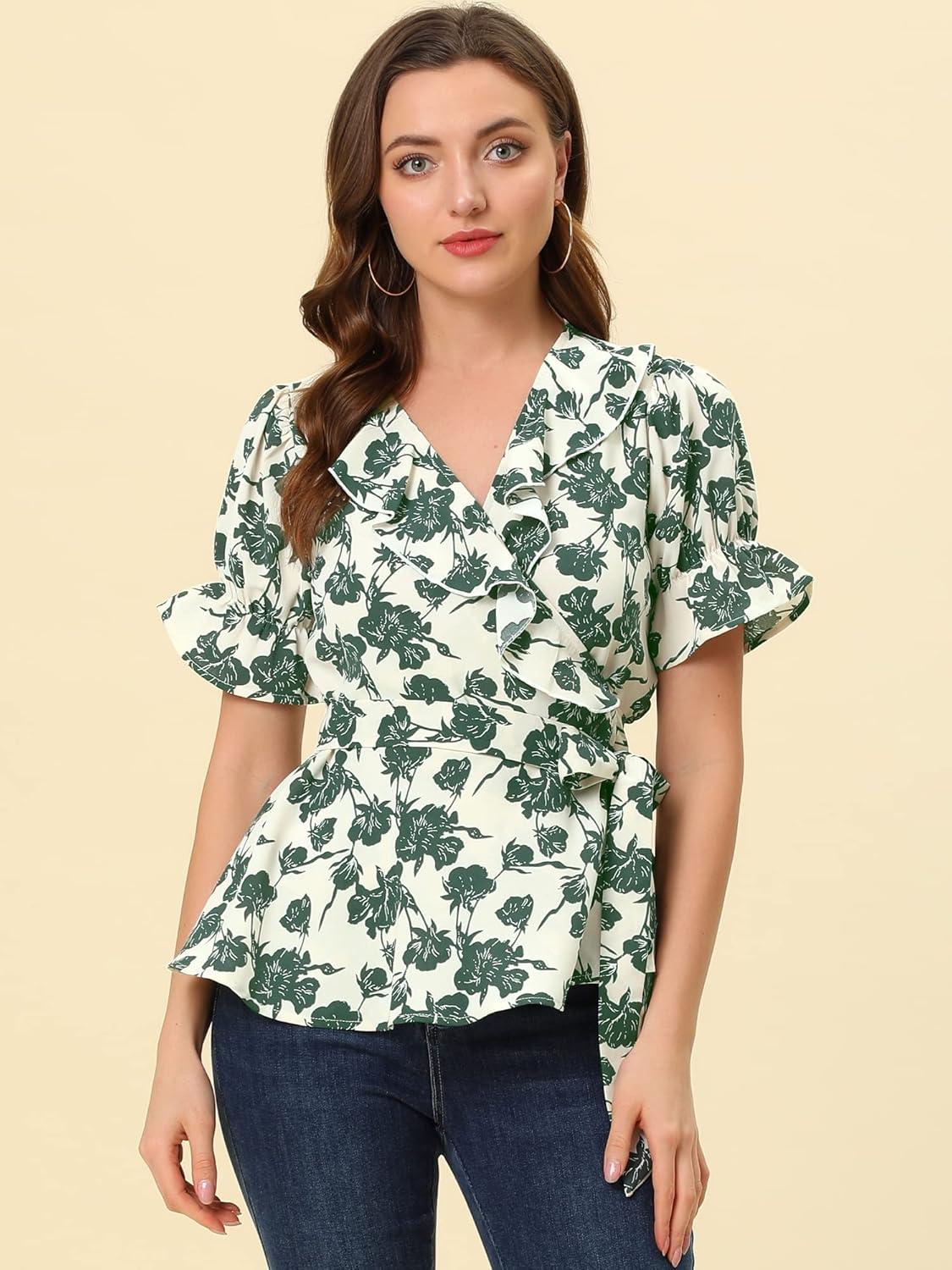imageAllegra K Womens Wrap Peplum Top Blouse 2025 Summer Floral Short Sleeve Ruffle V Neck Belted ShirtsBeigegreen