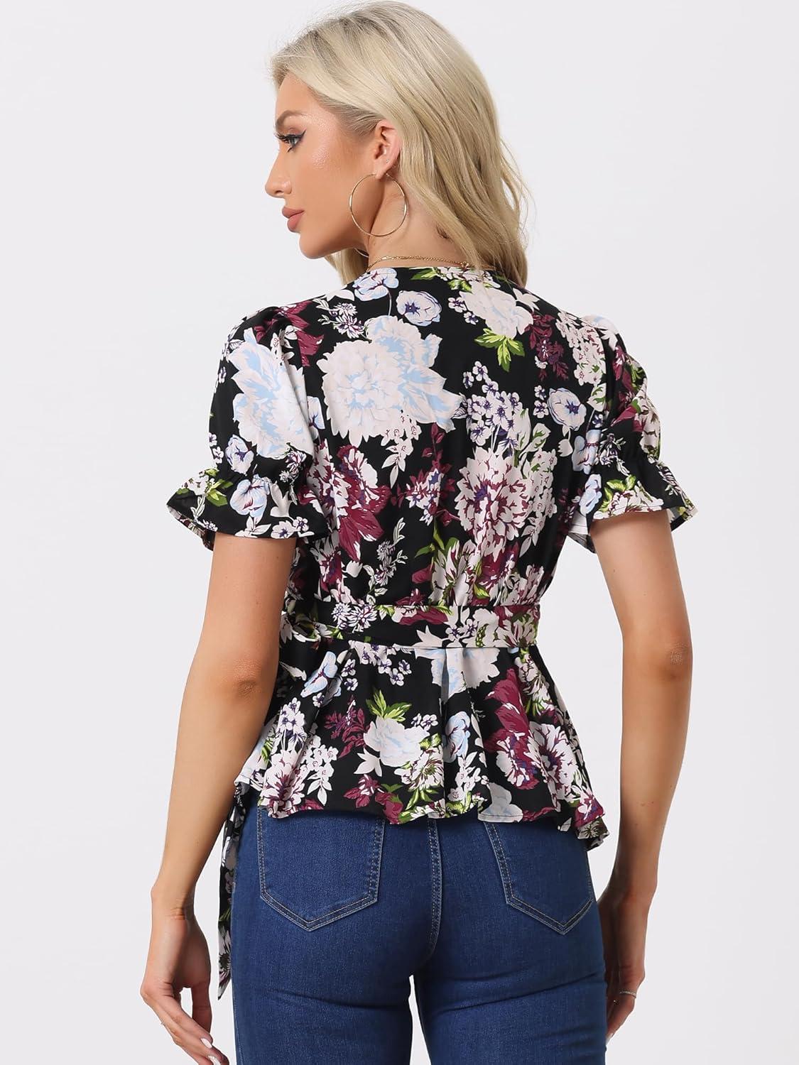imageAllegra K Womens Wrap Peplum Top Blouse 2025 Summer Floral Short Sleeve Ruffle V Neck Belted ShirtsBlackfloral