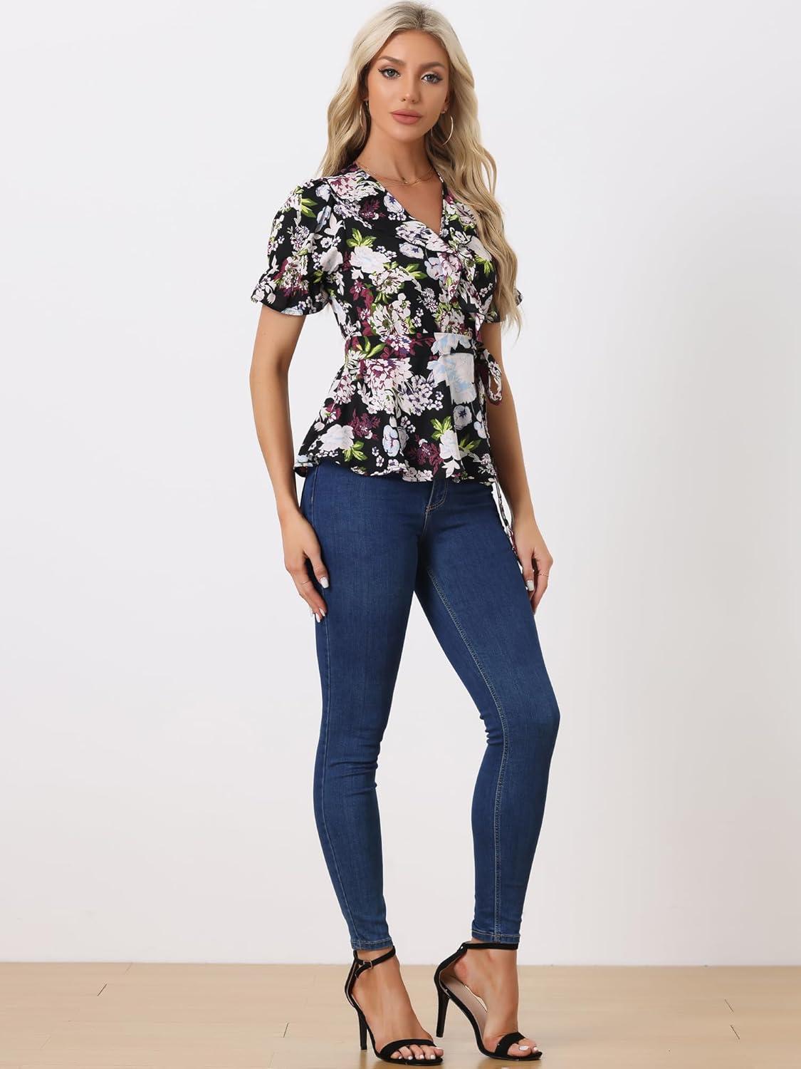 imageAllegra K Womens Wrap Peplum Top Blouse 2025 Summer Floral Short Sleeve Ruffle V Neck Belted ShirtsBlackfloral