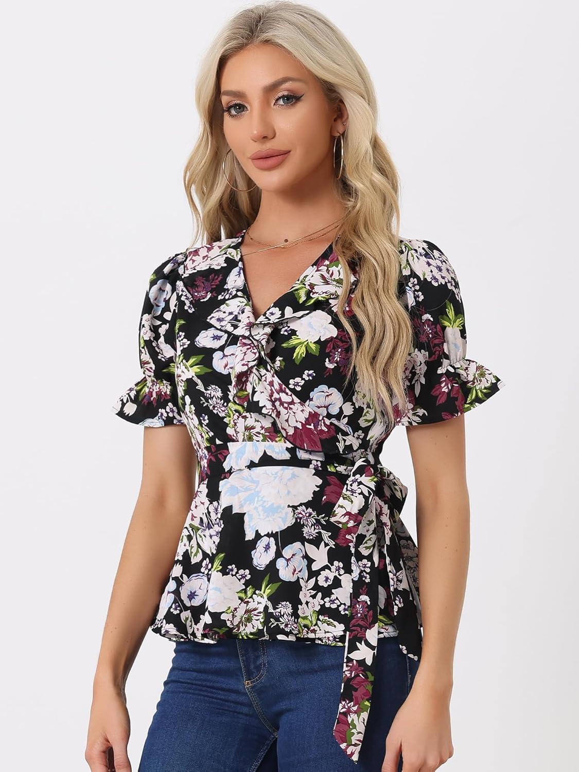 imageAllegra K Womens Wrap Peplum Top Blouse 2025 Summer Floral Short Sleeve Ruffle V Neck Belted ShirtsBlackfloral
