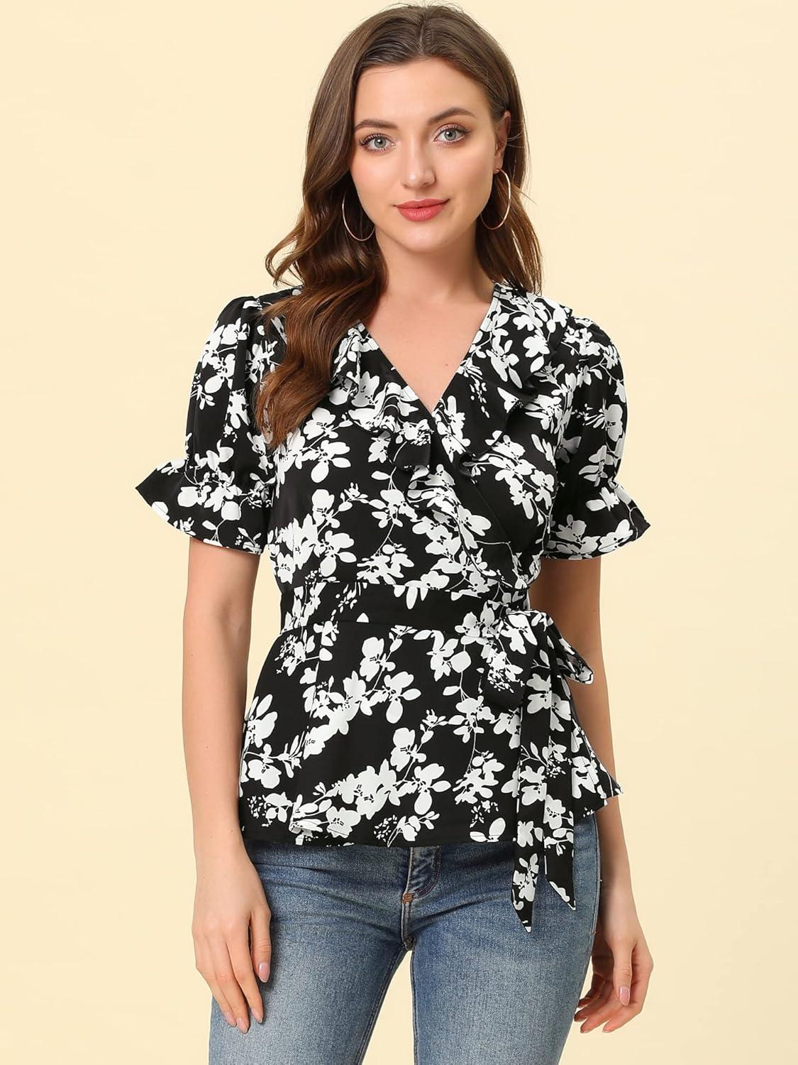 imageAllegra K Womens Wrap Peplum Top Blouse 2025 Summer Floral Short Sleeve Ruffle V Neck Belted ShirtsBlackwhite