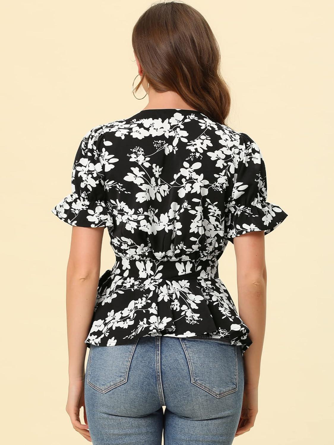 imageAllegra K Womens Wrap Peplum Top Blouse 2025 Summer Floral Short Sleeve Ruffle V Neck Belted ShirtsBlackwhite