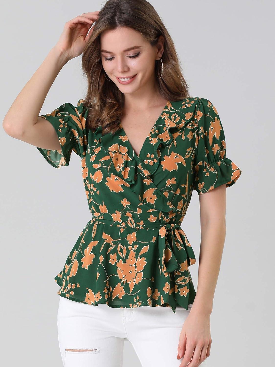 imageAllegra K Womens Wrap Peplum Top Blouse 2025 Summer Floral Short Sleeve Ruffle V Neck Belted ShirtsGreen