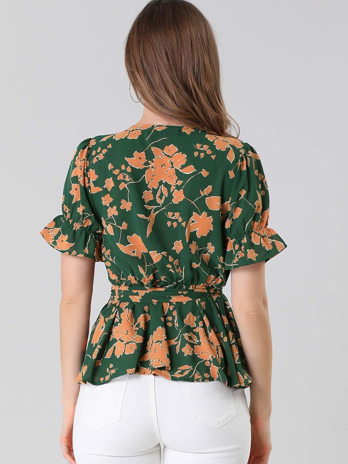 imageAllegra K Womens Wrap Peplum Top Blouse 2025 Summer Floral Short Sleeve Ruffle V Neck Belted ShirtsGreen