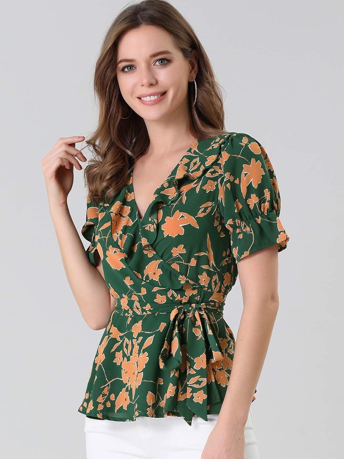 imageAllegra K Womens Wrap Peplum Top Blouse 2025 Summer Floral Short Sleeve Ruffle V Neck Belted ShirtsGreen