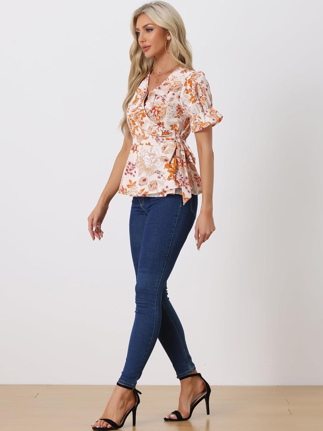 imageAllegra K Womens Wrap Peplum Top Blouse 2025 Summer Floral Short Sleeve Ruffle V Neck Belted ShirtsOrange