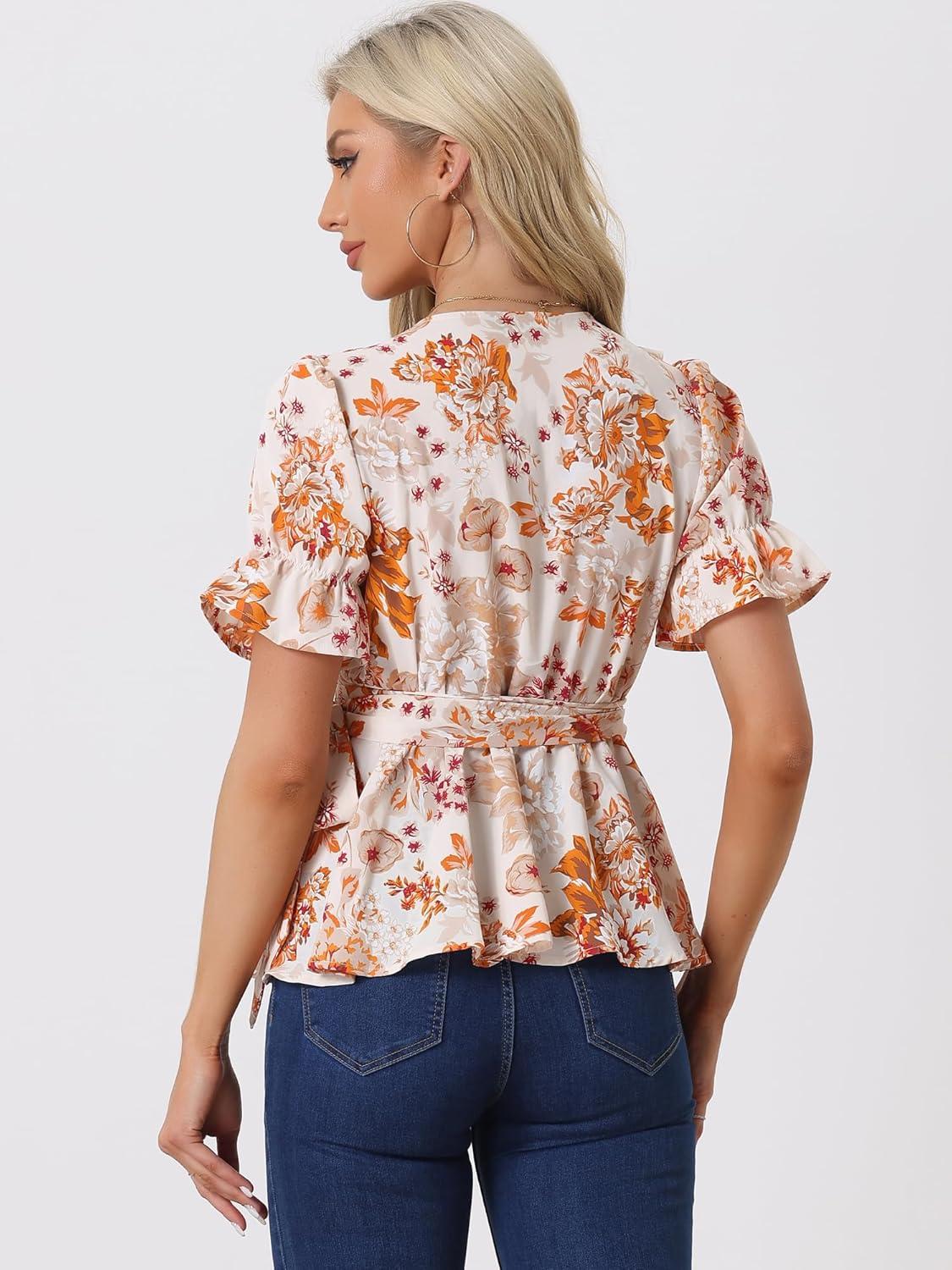 imageAllegra K Womens Wrap Peplum Top Blouse 2025 Summer Floral Short Sleeve Ruffle V Neck Belted ShirtsOrange