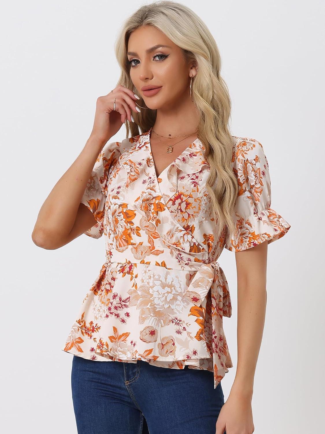 imageAllegra K Womens Wrap Peplum Top Blouse 2025 Summer Floral Short Sleeve Ruffle V Neck Belted ShirtsOrange