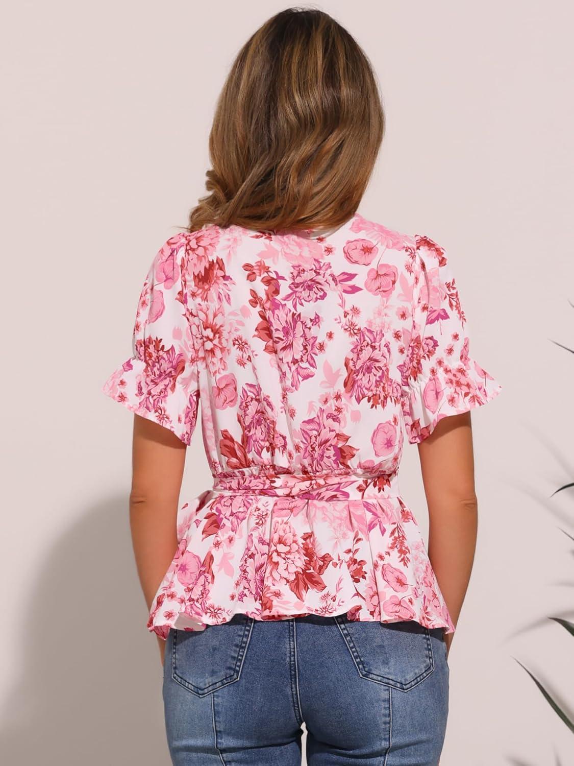 imageAllegra K Womens Wrap Peplum Top Blouse 2025 Summer Floral Short Sleeve Ruffle V Neck Belted ShirtsPink Floral