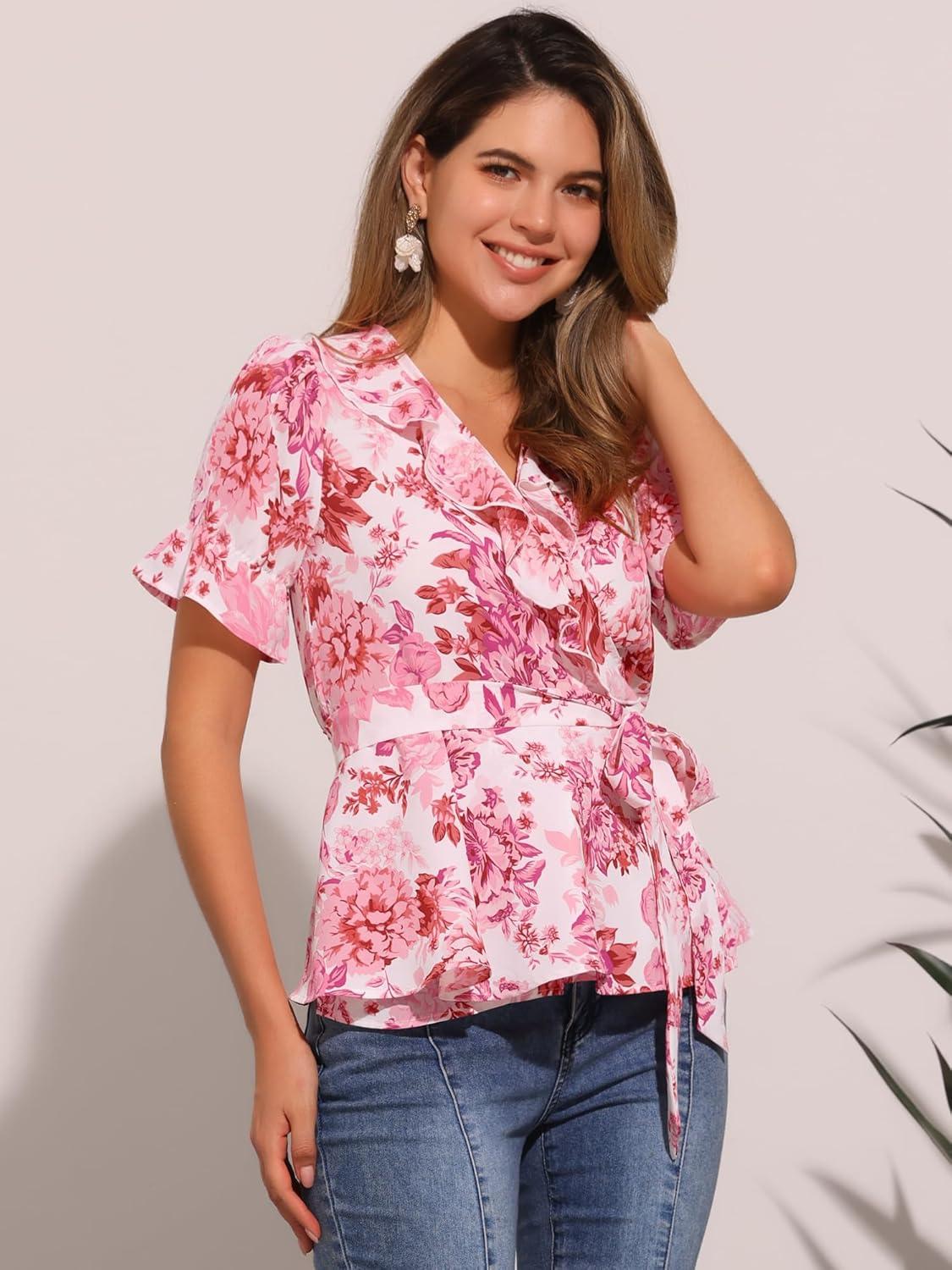 imageAllegra K Womens Wrap Peplum Top Blouse 2025 Summer Floral Short Sleeve Ruffle V Neck Belted ShirtsPink Floral