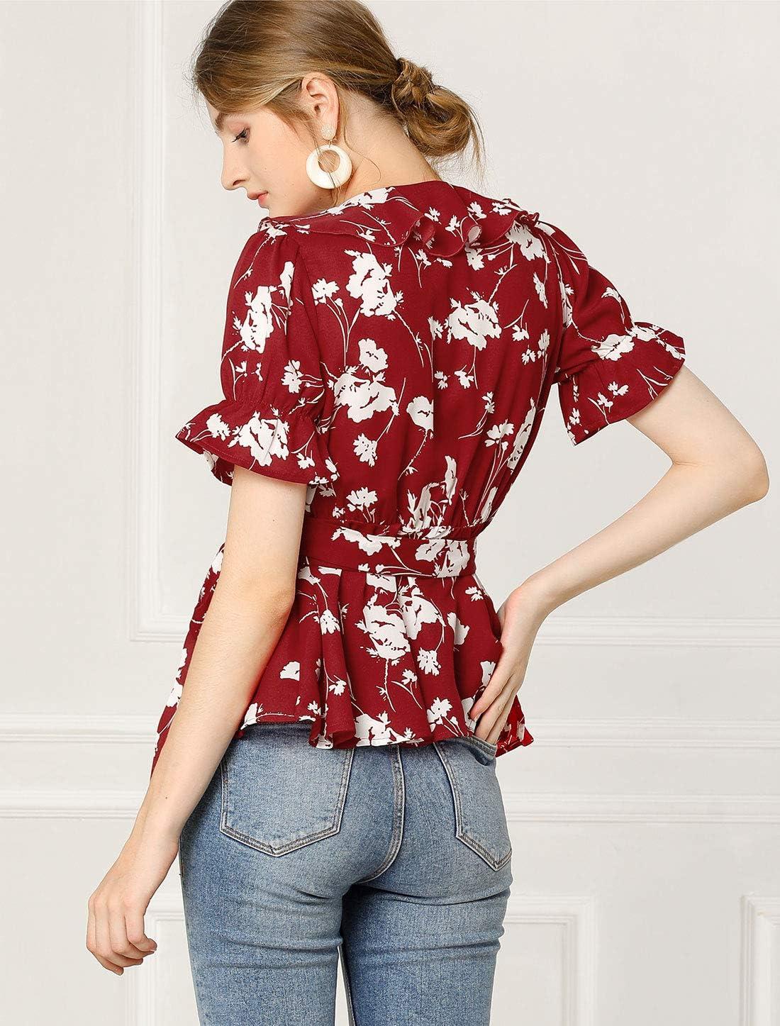 imageAllegra K Womens Wrap Peplum Top Blouse 2025 Summer Floral Short Sleeve Ruffle V Neck Belted ShirtsRed