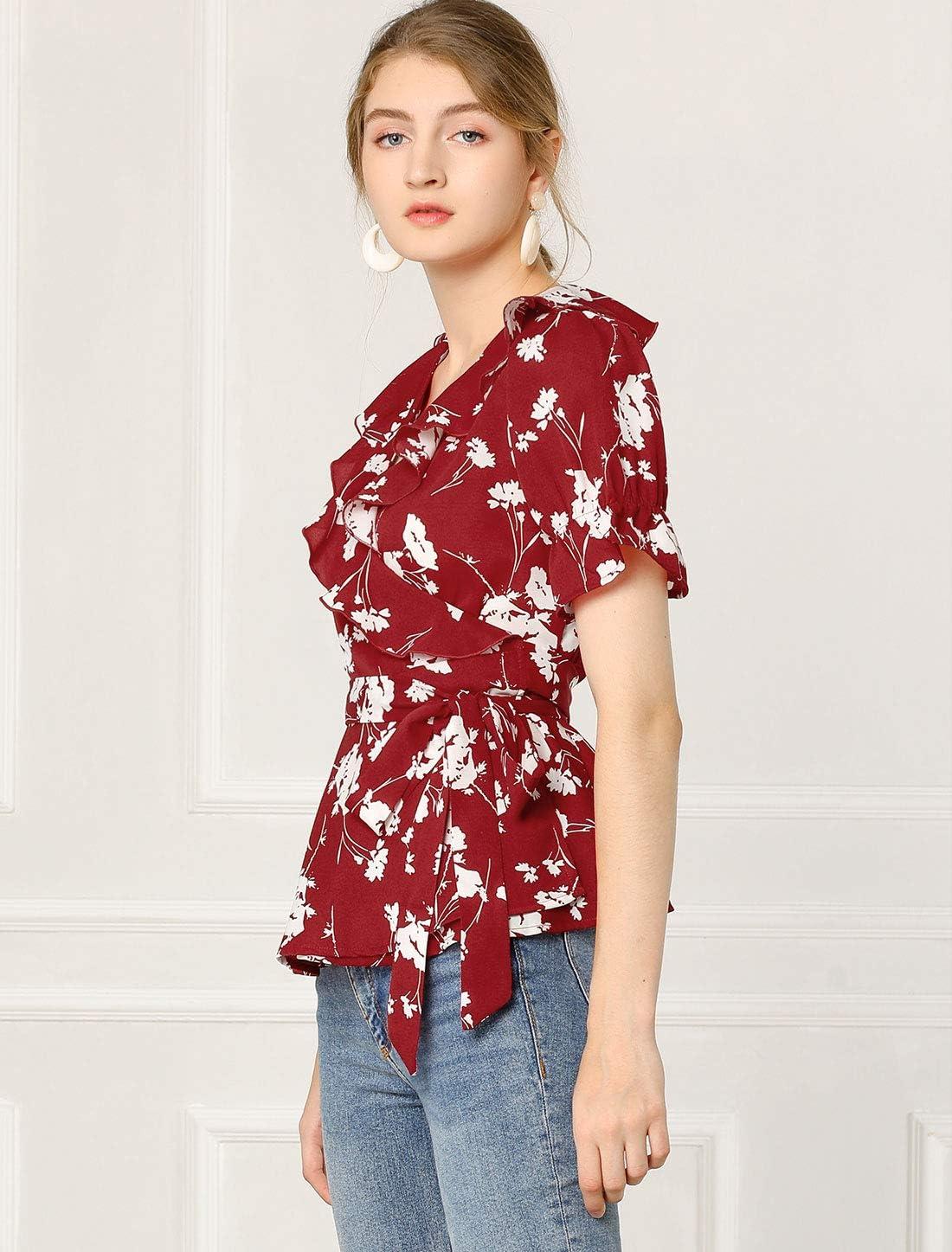 imageAllegra K Womens Wrap Peplum Top Blouse 2025 Summer Floral Short Sleeve Ruffle V Neck Belted ShirtsRed