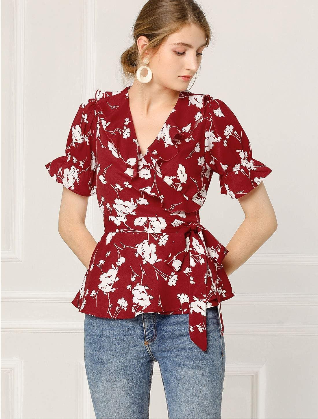 imageAllegra K Womens Wrap Peplum Top Blouse 2025 Summer Floral Short Sleeve Ruffle V Neck Belted ShirtsRed