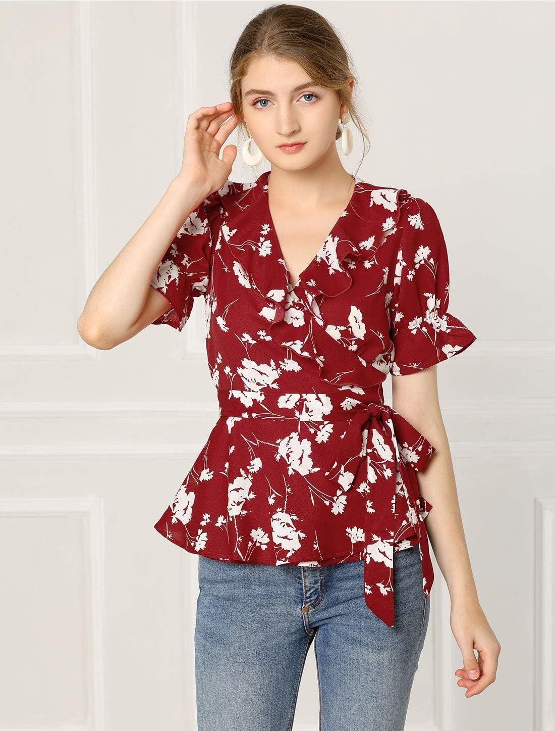 imageAllegra K Womens Wrap Peplum Top Blouse 2025 Summer Floral Short Sleeve Ruffle V Neck Belted ShirtsRed