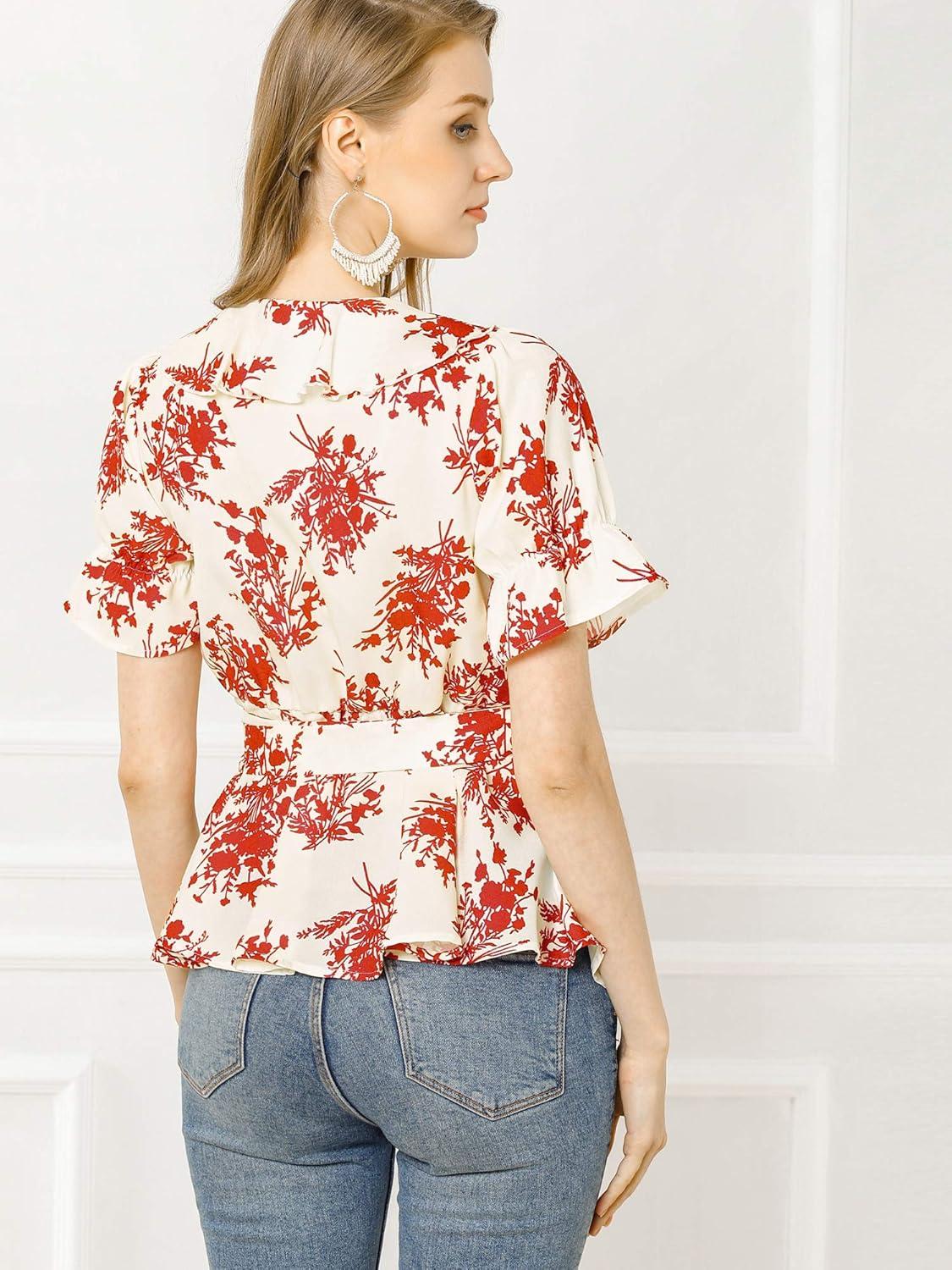 imageAllegra K Womens Wrap Peplum Top Blouse 2025 Summer Floral Short Sleeve Ruffle V Neck Belted ShirtsWhite