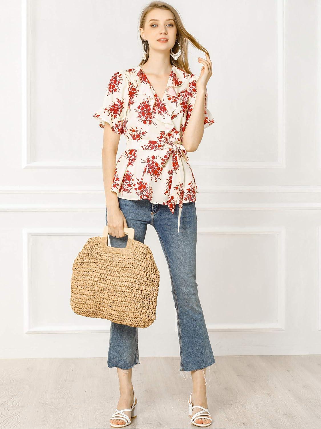 imageAllegra K Womens Wrap Peplum Top Blouse 2025 Summer Floral Short Sleeve Ruffle V Neck Belted ShirtsWhite