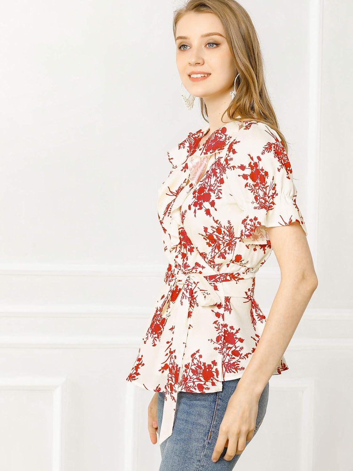 imageAllegra K Womens Wrap Peplum Top Blouse 2025 Summer Floral Short Sleeve Ruffle V Neck Belted ShirtsWhite
