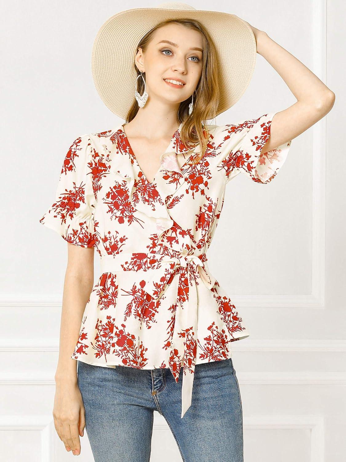 imageAllegra K Womens Wrap Peplum Top Blouse 2025 Summer Floral Short Sleeve Ruffle V Neck Belted ShirtsWhite